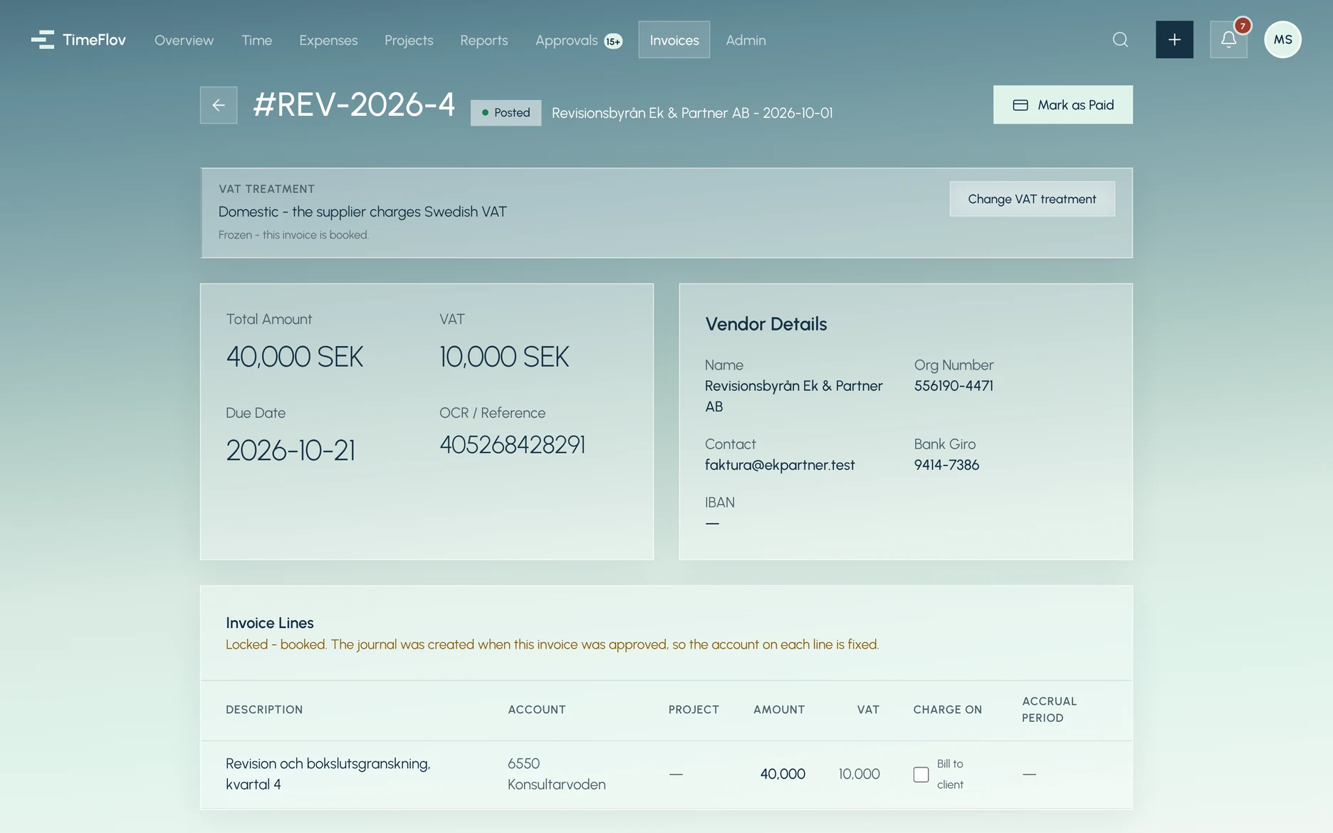 A posted supplier invoice for 40,000 SEK plus 10,000 SEK VAT, booked on account 6550.