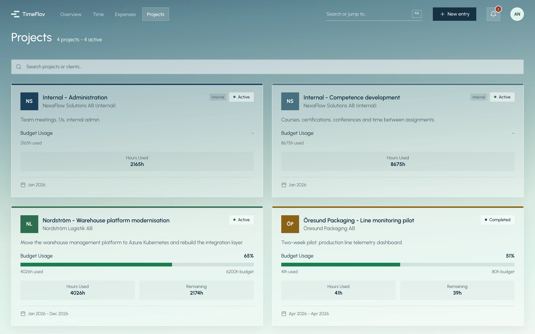 Projects as a consultant sees them: budget hours, hours used and remaining, and no money.