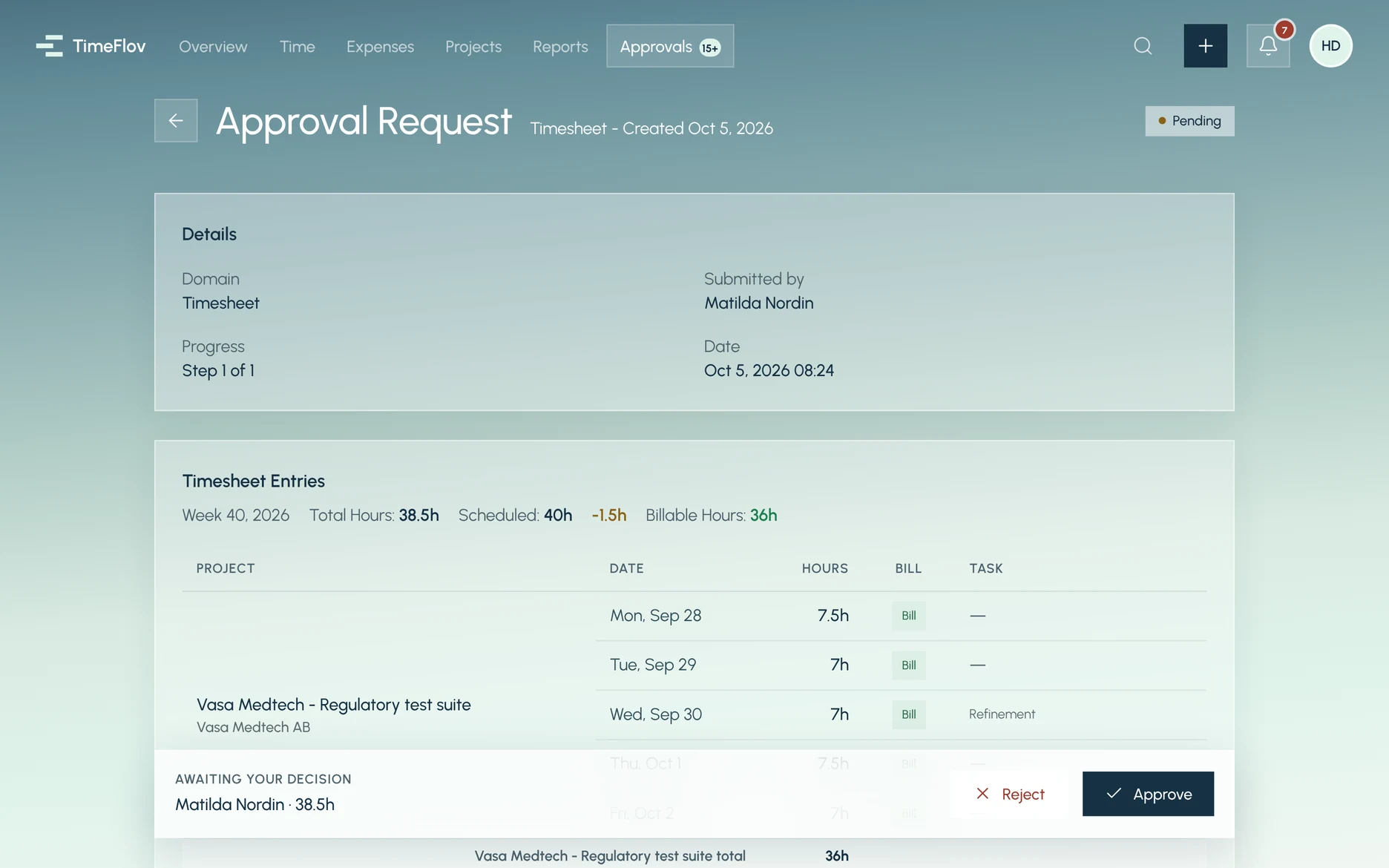 A timesheet approval request with the decision bar: Reject or Approve.