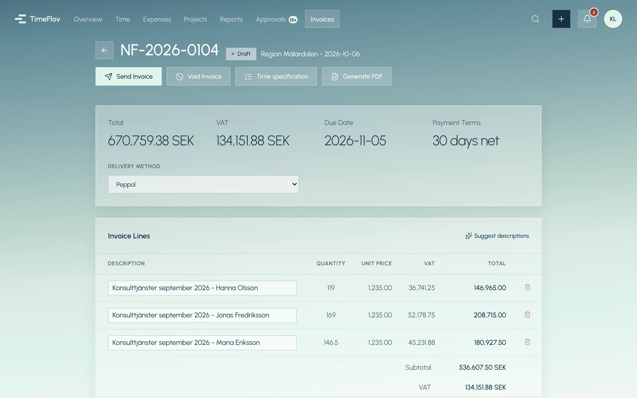 Draft invoice NF-2026-0104 with three consultant lines, VAT and a total of 670,759.38 SEK.