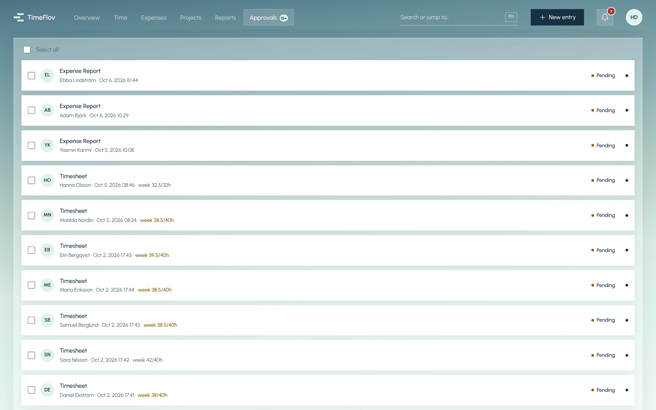 The approvals list: expense reports and timesheets waiting for Henrik.