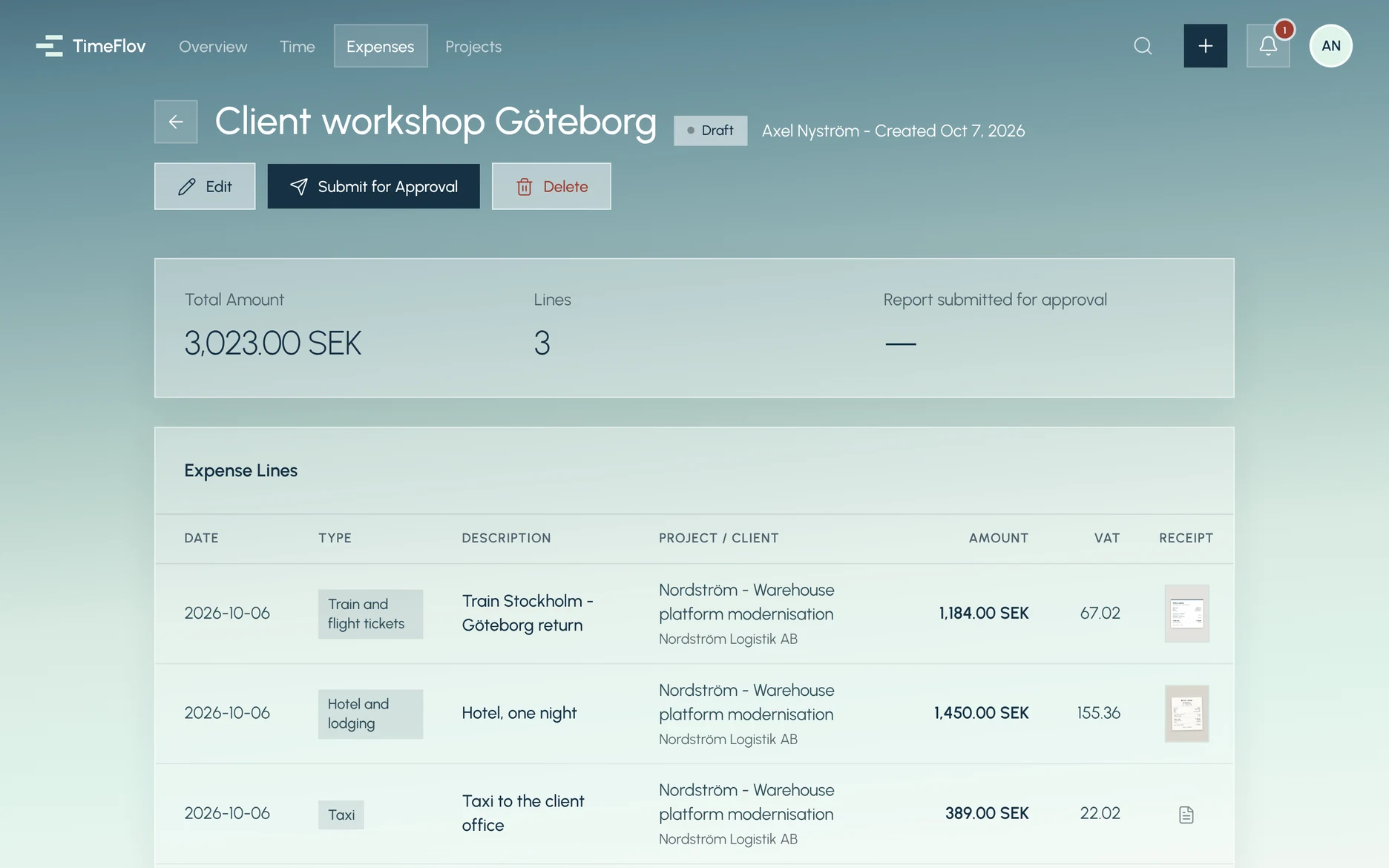 A draft expense report with three lines, VAT per line and a receipt on each line.