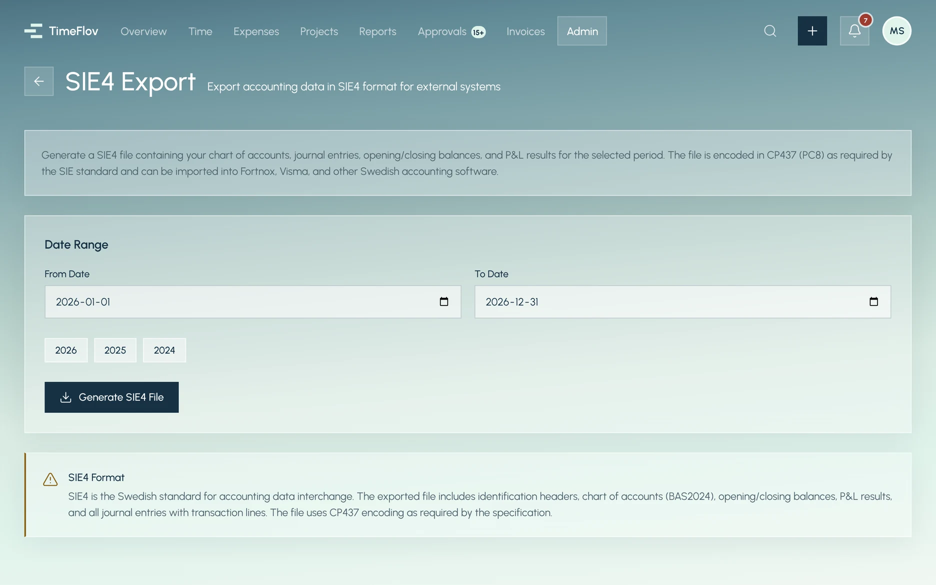 The SIE4 export page with the date range 2026-01-01 to 2026-12-31.